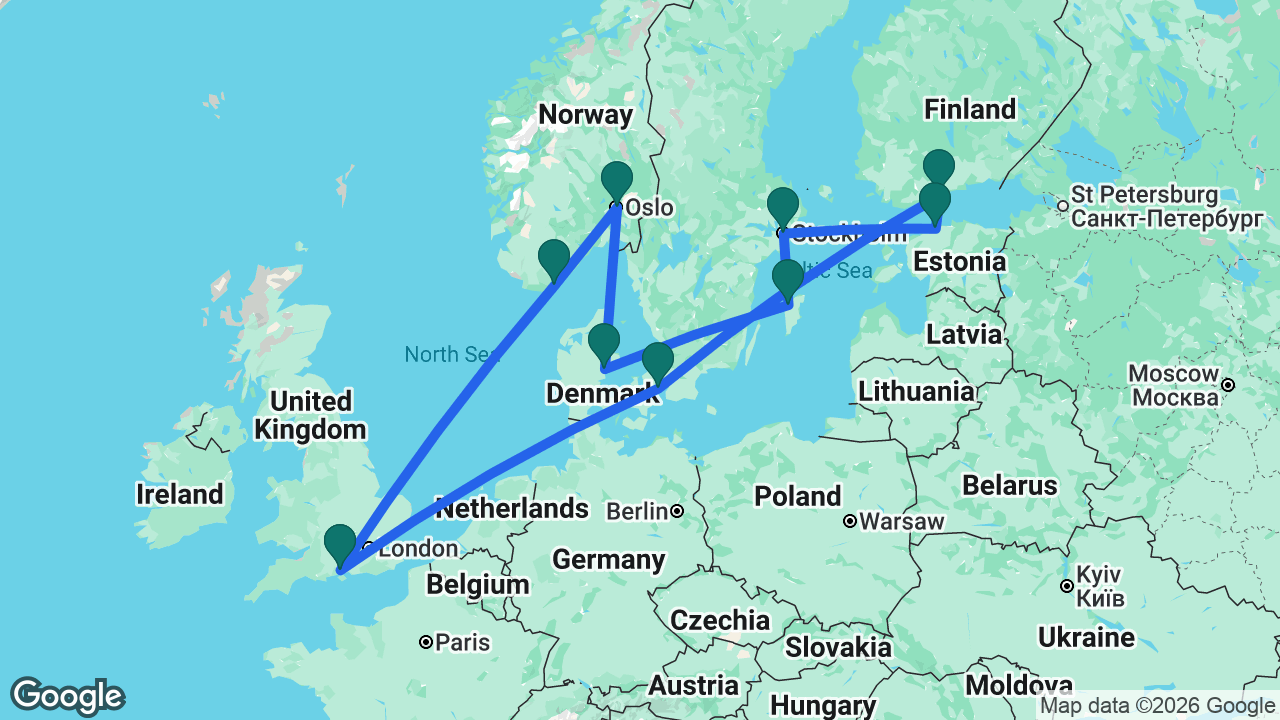 Route map: Southampton -> Copenhagen -> Helsinki -> Tallinn -> Stockholm -> Visby -> Aarhus -> Oslo -> Kristiansand -> Southampton