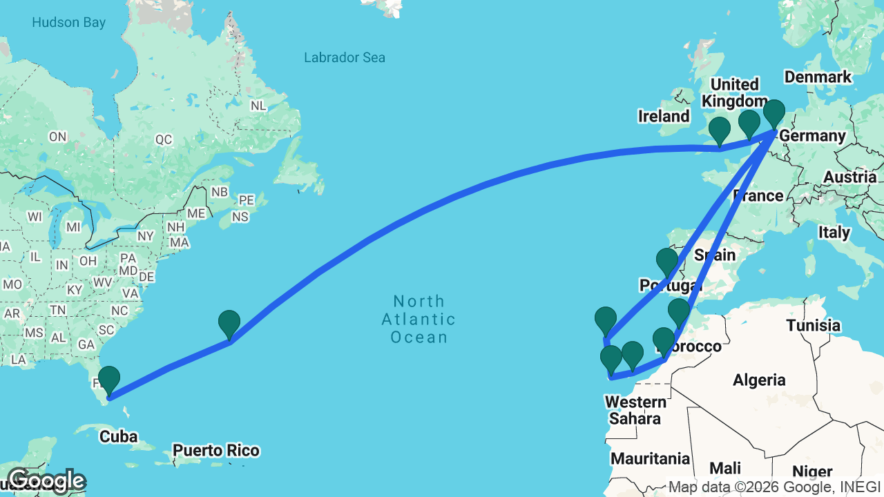 Route map: Fort Lauderdale -> Bermuda -> Portland -> Dover -> Rotterdam -> Casablanca -> Agadir -> Lanzarote -> Tenerife -> Madeira -> Lisbon -> Rotterdam