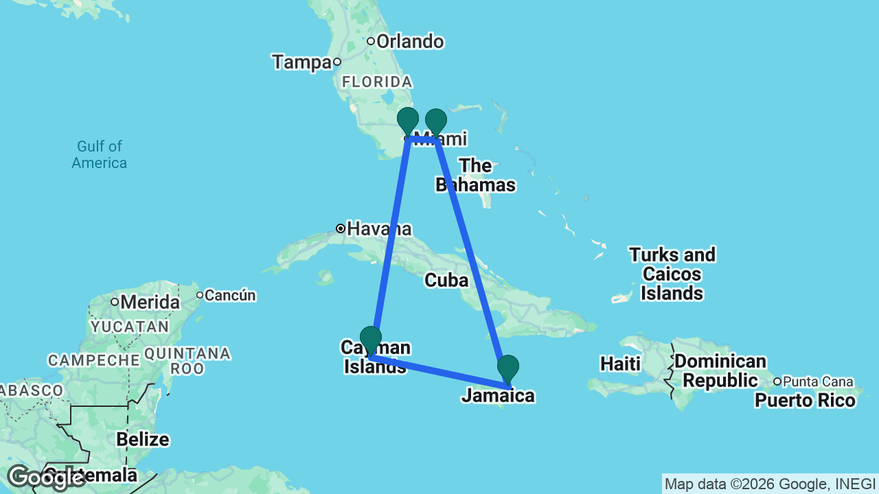 Route map: Miami -> Grand Cayman -> Ocho Rios -> Bimini -> Miami