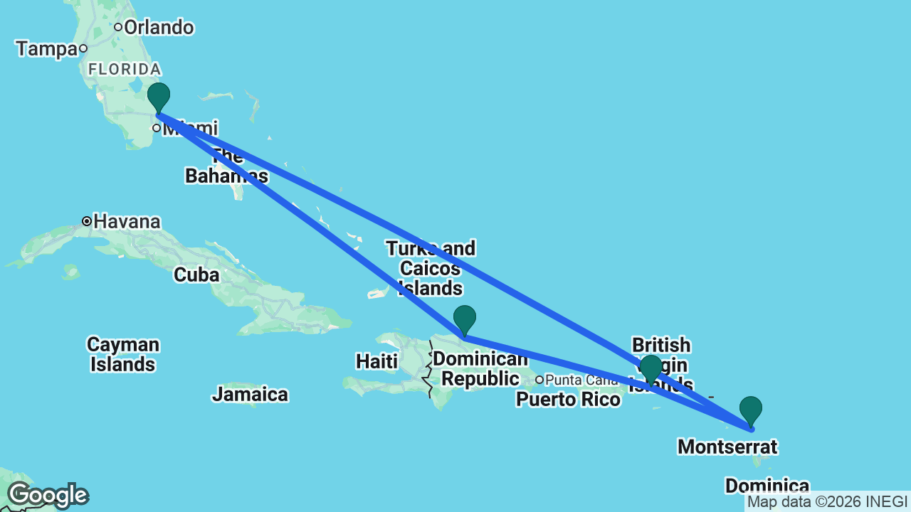 Route map: Fort Lauderdale -> Puerto Plata -> St. Thomas -> Antigua -> Fort Lauderdale