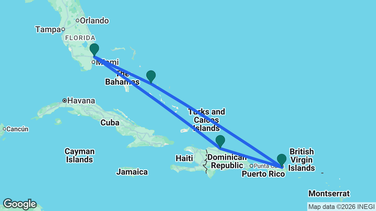 Route map: Fort Lauderdale -> Half Moon Cay -> San Juan -> Amber Cove -> Fort Lauderdale