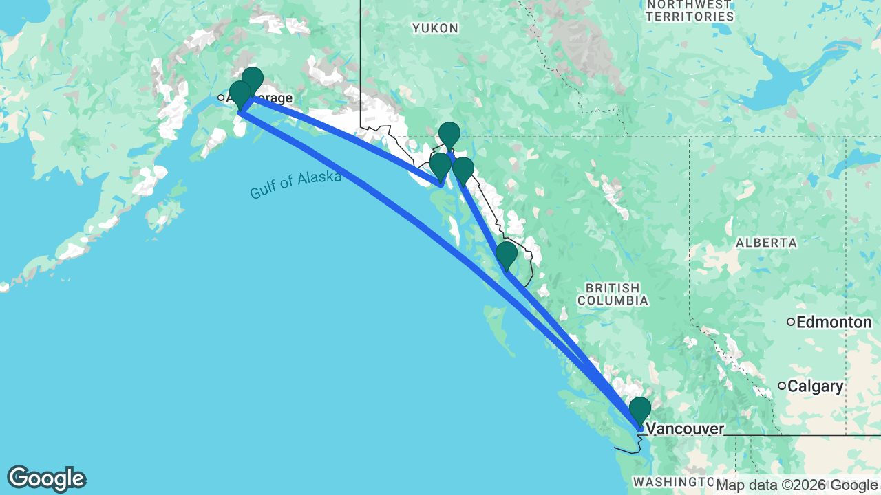 Route map: Vancouver -> Ketchikan -> Juneau -> Skagway -> Glacier Bay -> College Fjord -> Whittier -> Vancouver