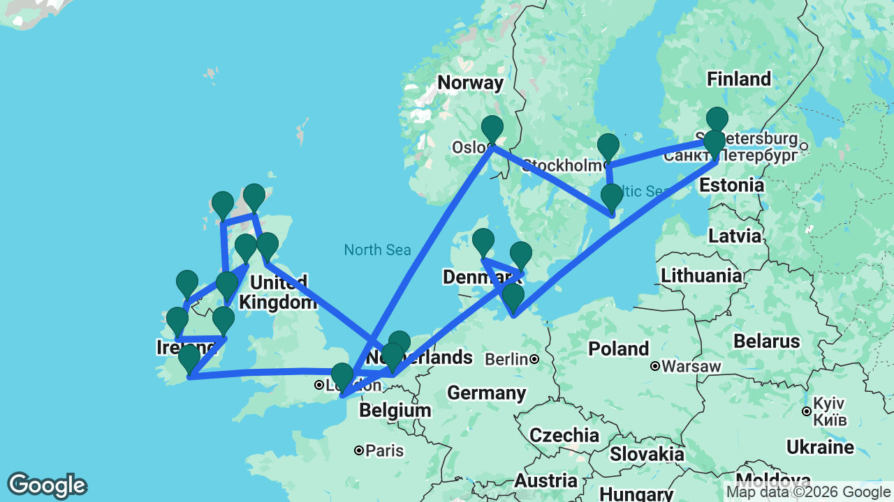 Route map: Rotterdam -> Copenhagen -> Aarhus -> Berlin -> Tallinn -> Helsinki -> Stockholm -> Visby -> Oslo -> Dover -> Amsterdam -> South Queensferry -> Invergordon -> Isle of Skye -> Belfast -> Glasgow -> Killybegs -> Galway -> Dún Laoghaire -> Ringaskiddy -> Rotterdam