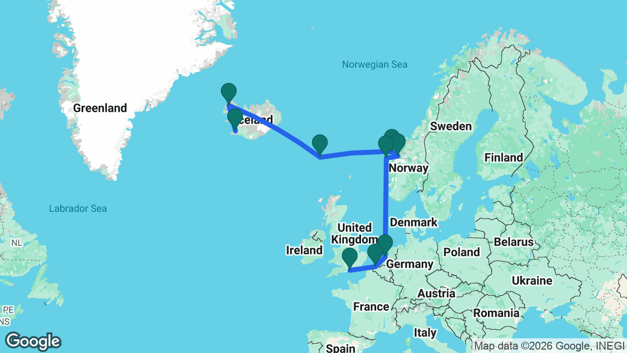 Route map: Southampton -> Bruges -> Amsterdam -> Måløy -> Geiranger -> Ålesund -> Tórshavn -> Isafjordur -> Reykjavik
