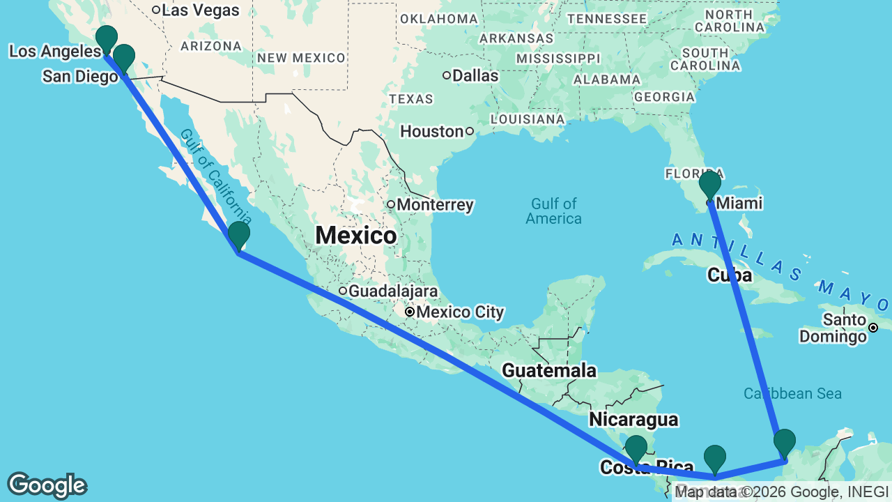 Route map: Los Angeles -> San Diego -> Cabo -> Puntarenas -> Colón -> Cartagena -> Miami