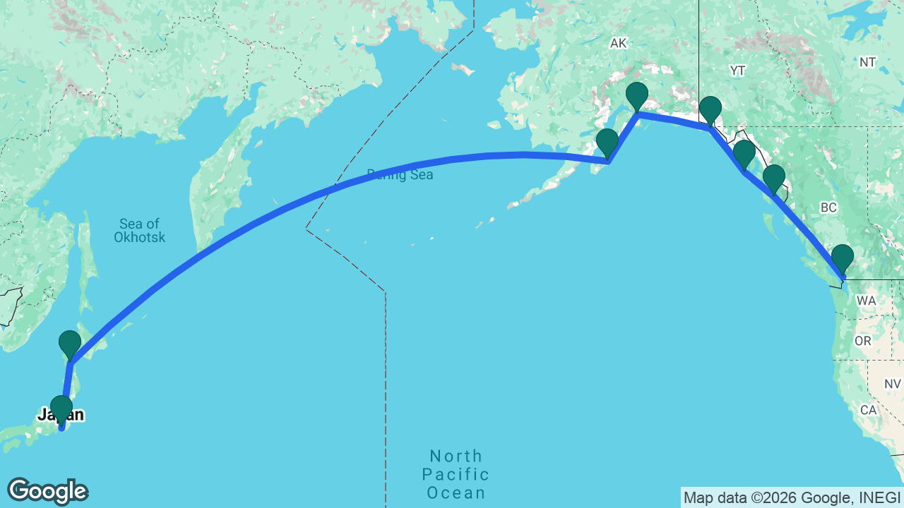 Route map: Vancouver -> Ketchikan -> Sitka -> Hubbard Glacier -> Whittier -> Kodiak -> Hakodate -> Tokyo