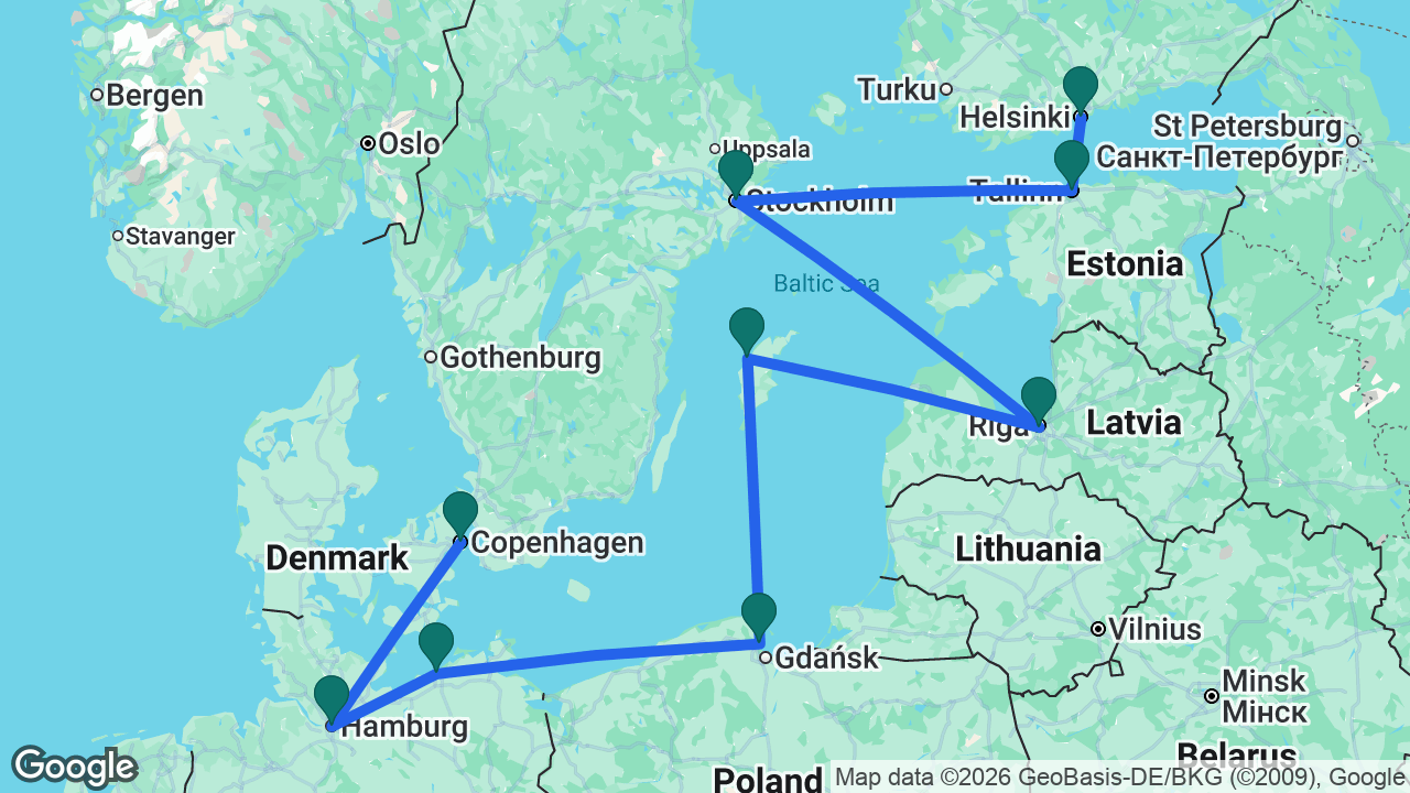 Route map: Helsinki -> Tallinn -> Stockholm -> Riga -> Visby -> Gdansk -> Berlin -> Hamburg -> Copenhagen