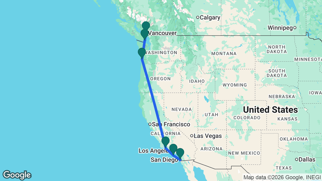 Route map: San Diego -> Catalina -> Santa Barbara -> Astoria -> Victoria -> Vancouver