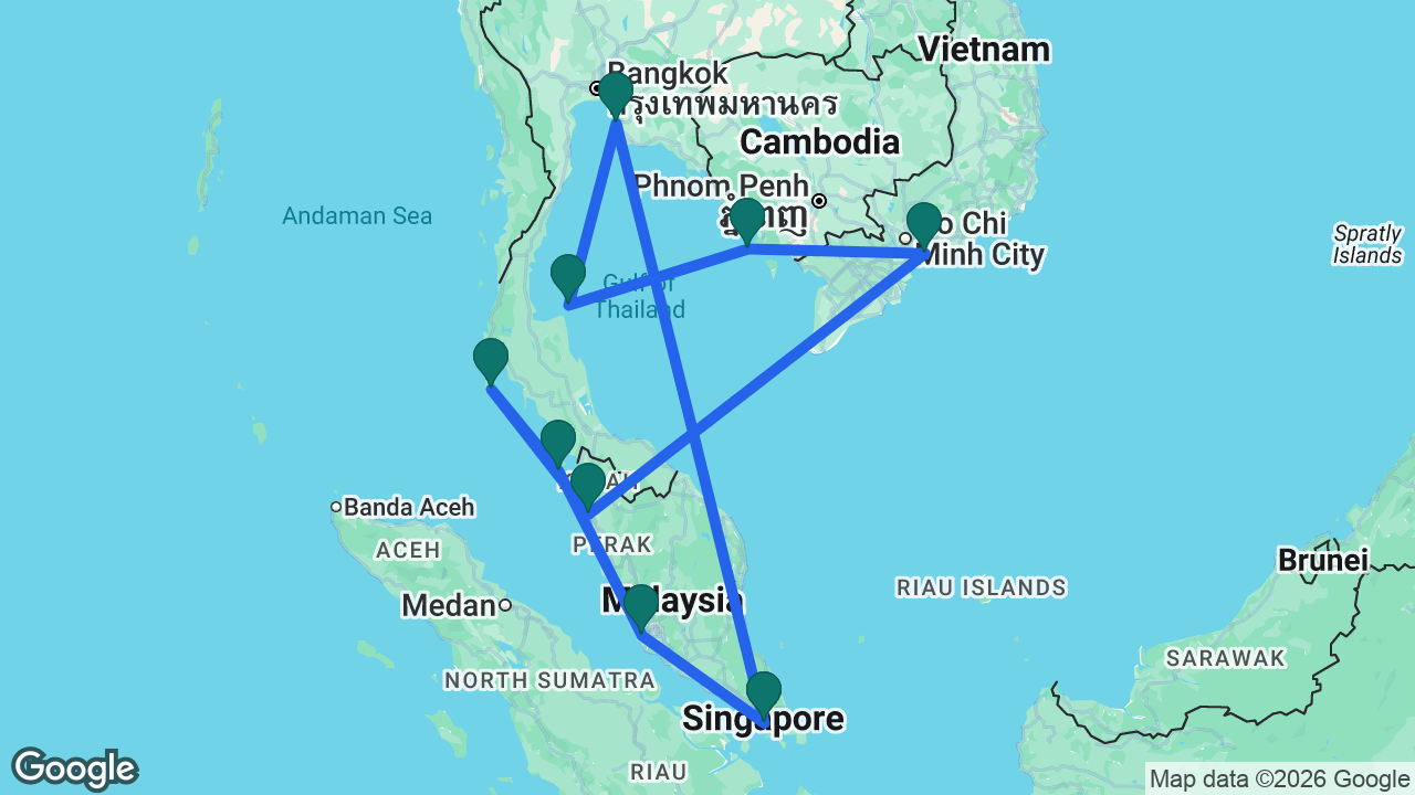 Route map: Singapore -> Bangkok -> Koh Samui -> Sihanoukville -> Ho Chi Minh City -> Penang -> Phuket -> Langkawi -> Kuala Lumpur -> Singapore