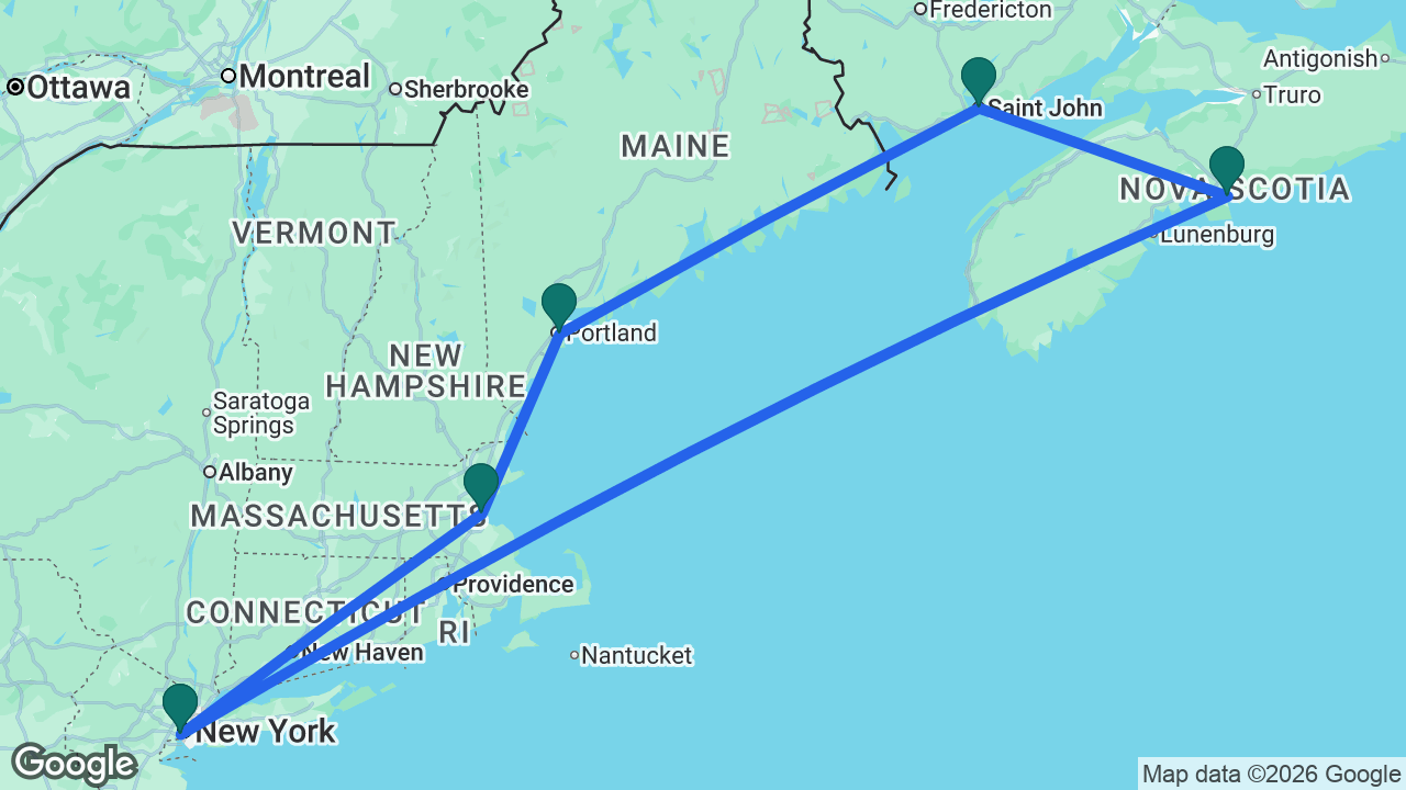 Route map: New York -> Boston -> Portland -> Saint John -> Halifax -> New York