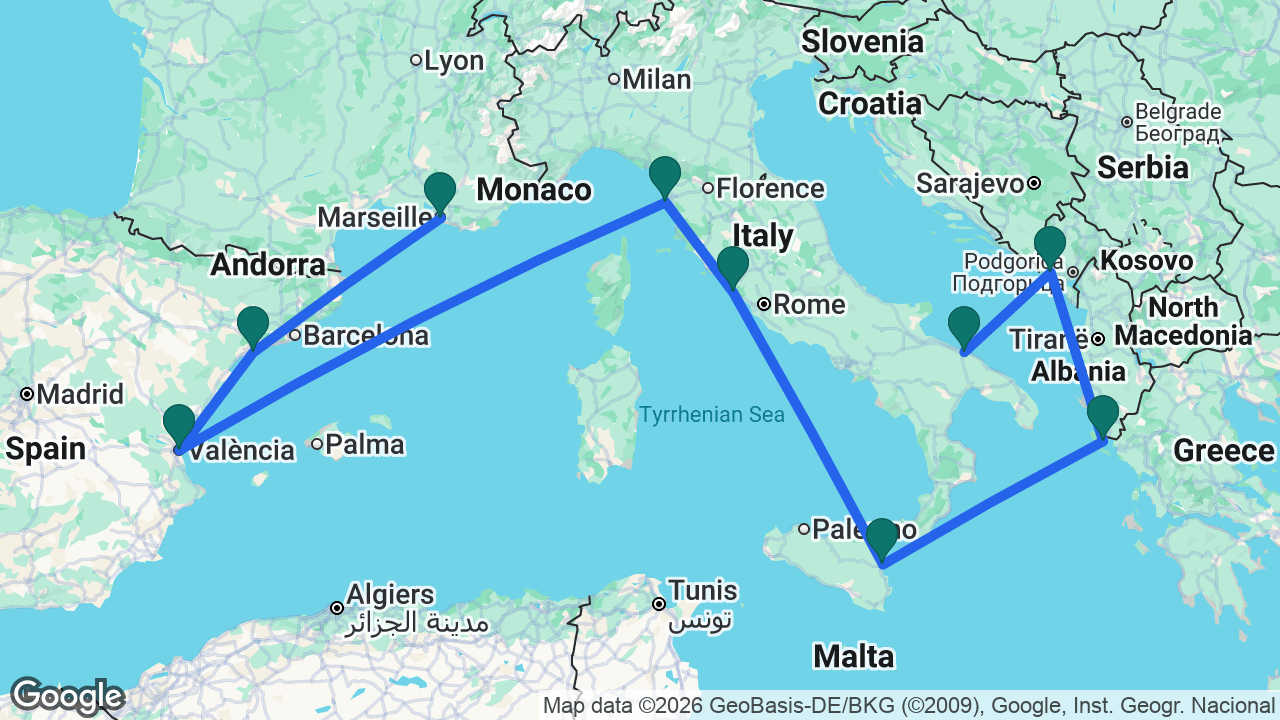 Route map: Marseille -> Tarragona -> Valencia -> Florence -> Rome -> Catania -> Corfu -> Kotor -> Bari