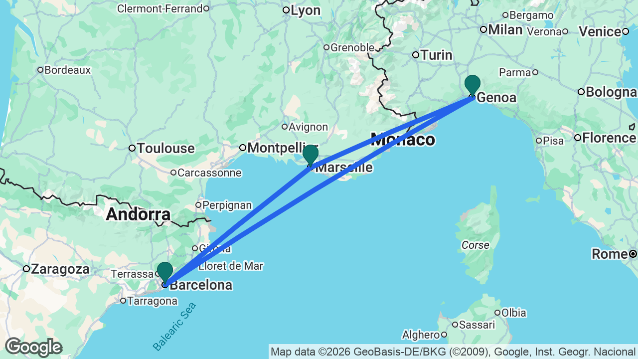 Route map: Barcelona -> Marseille -> Genoa -> Barcelona