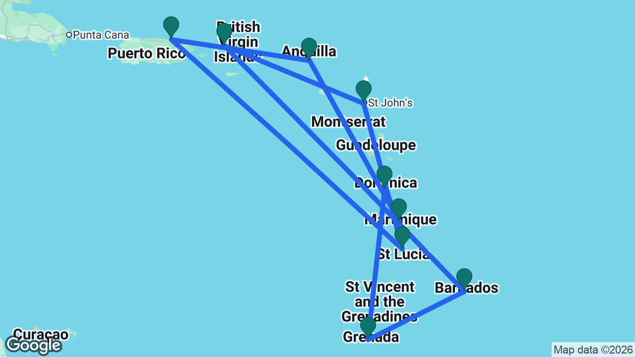 Route map: San Juan -> St. Maarten -> Martinique -> Dominica -> Grenada -> Barbados -> St. Thomas -> Antigua -> St. Lucia -> San Juan