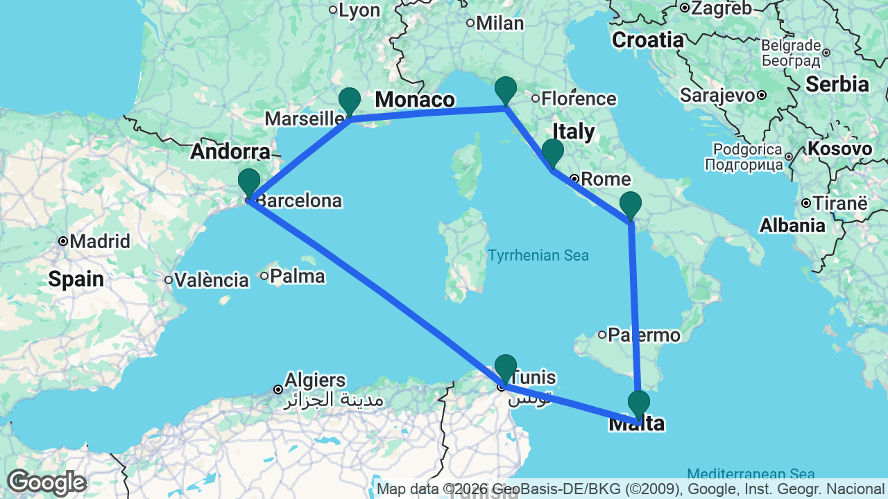 Route map: Barcelona -> La Goulette -> Valletta -> Naples -> Rome -> Florence -> Marseille -> Barcelona