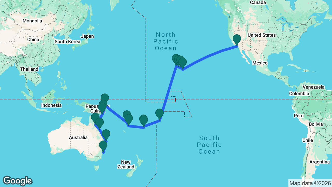 Route map: Los Angeles -> Hilo -> Maui -> Honolulu -> Kauai -> Pago Pago -> Fiji -> Dravuni Island -> Port Vila -> Luganville -> Rabaul -> Kiriwina Island -> Alotau -> Cairns -> Airlie Beach -> Brisbane -> Sydney