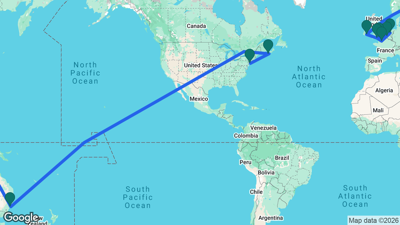Route map: Southampton -> Amsterdam -> Bruges -> Paris -> Portland -> Cobh -> Sydney -> Halifax -> New York