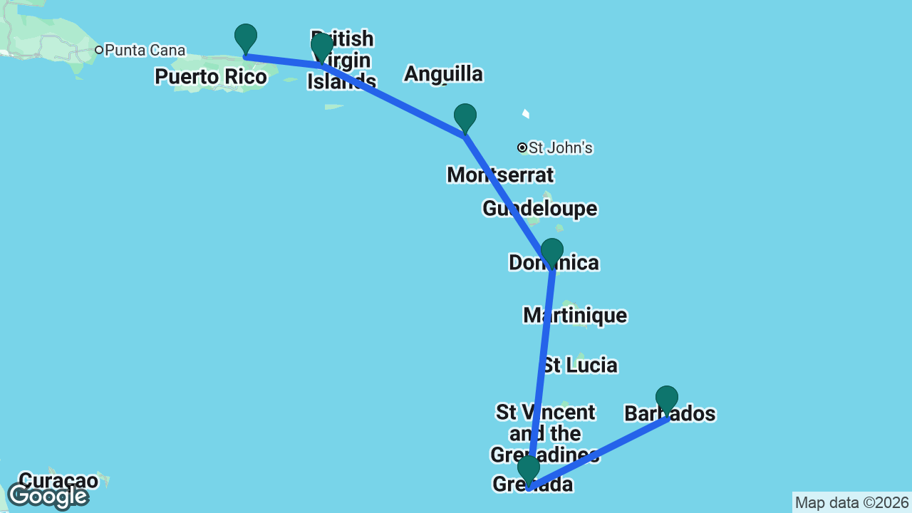 Route map: San Juan -> St. Thomas -> St. Kitts -> Dominica -> Grenada -> Barbados
