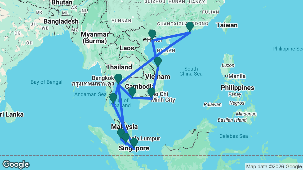 Route map: Singapore -> Koh Samui -> Bangkok -> Sihanoukville -> Ho Chi Minh City -> Da Nang -> Ha Long Bay -> Hong Kong -> Laem Chabang -> Malacca -> Kuala Lumpur -> Singapore