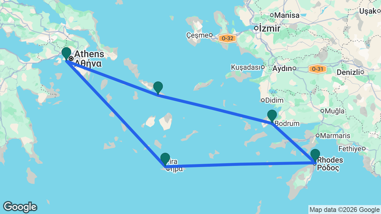 Route map: Athens -> Santorini -> Rhodes -> Bodrum -> Mykonos -> Athens