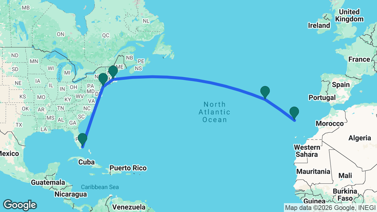 Route map: Madeira -> Azores -> Boston -> New York -> Miami