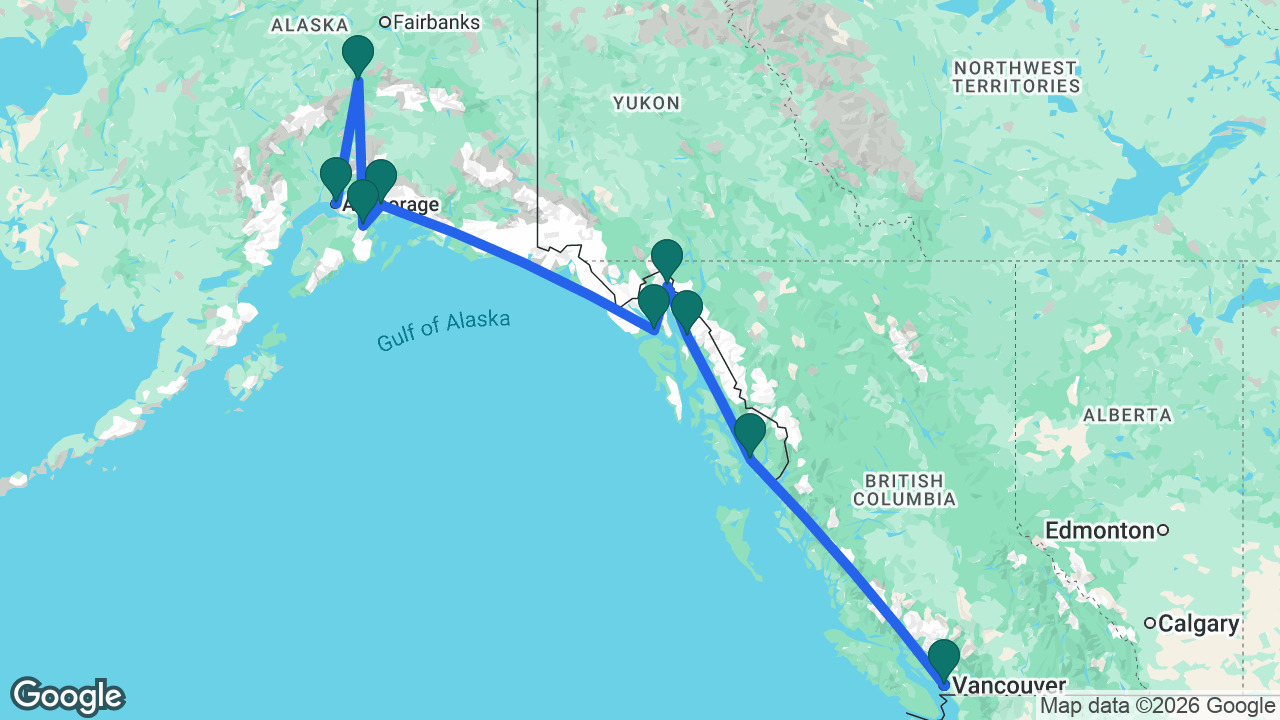 Route map: Vancouver -> Ketchikan -> Juneau -> Skagway -> Glacier Bay -> College Fjord -> Whittier -> Denali -> Anchorage
