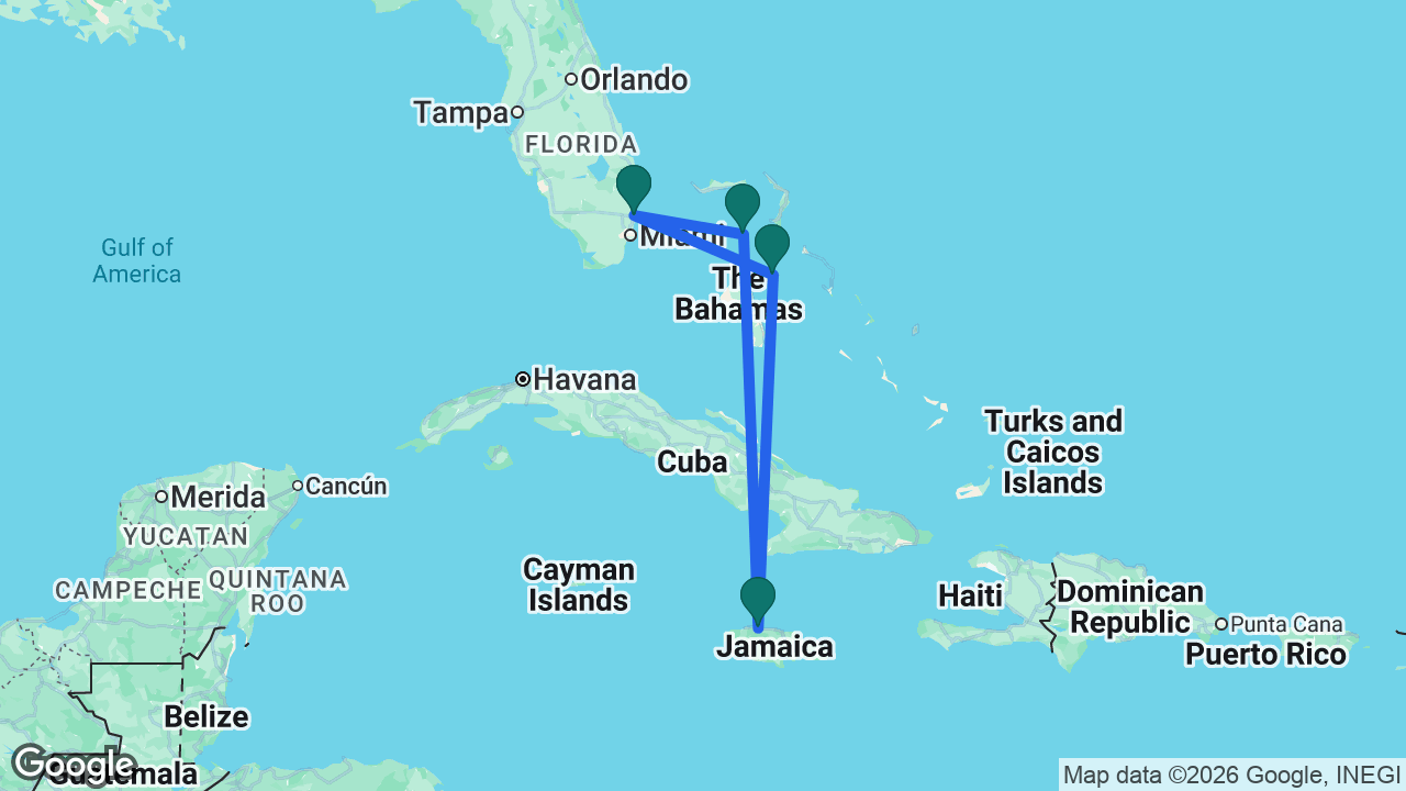 Route map: Fort Lauderdale -> CocoCay -> Falmouth -> Nassau -> Fort Lauderdale