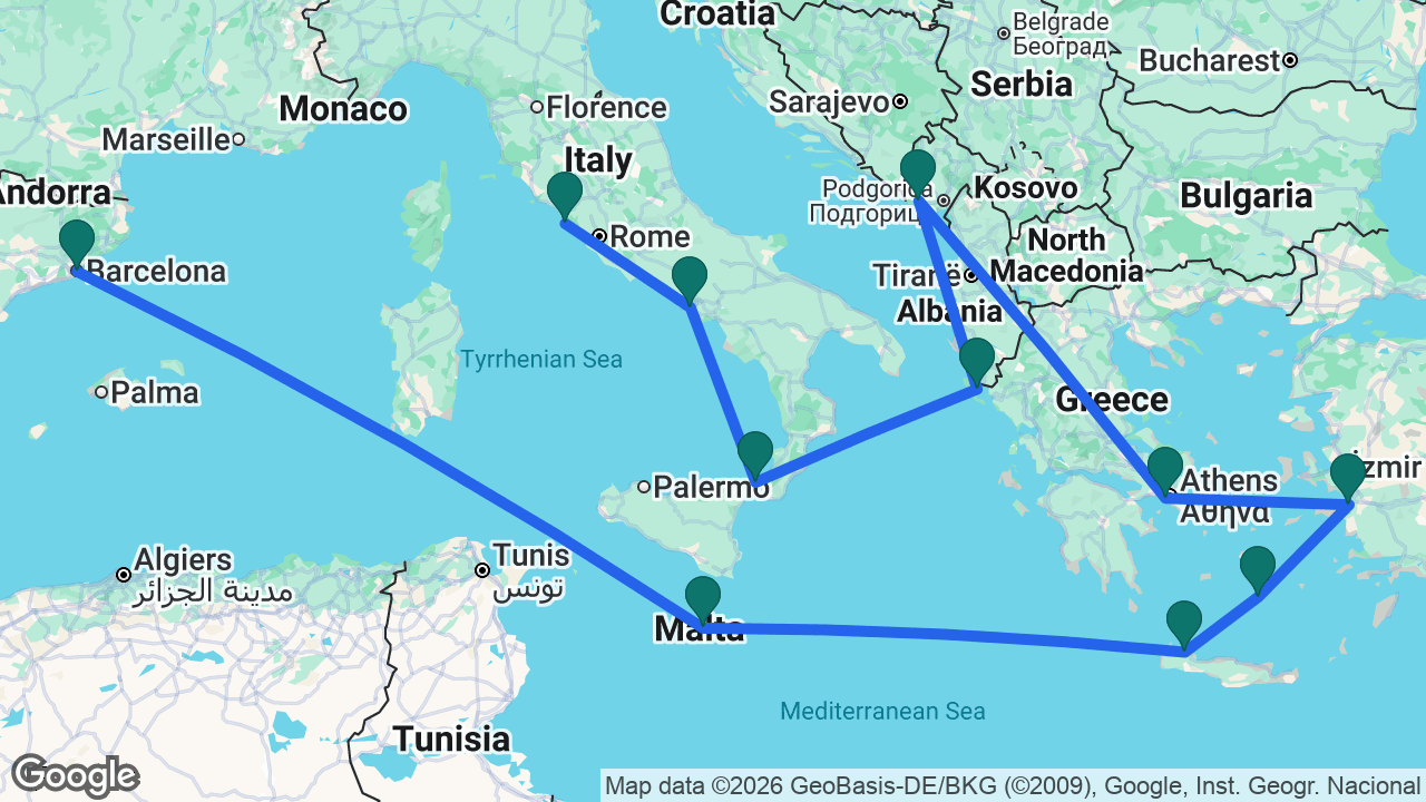 Route map: Barcelona -> Valletta -> Chania -> Santorini -> Ephesus -> Athens -> Kotor -> Corfu -> Messina -> Naples -> Rome