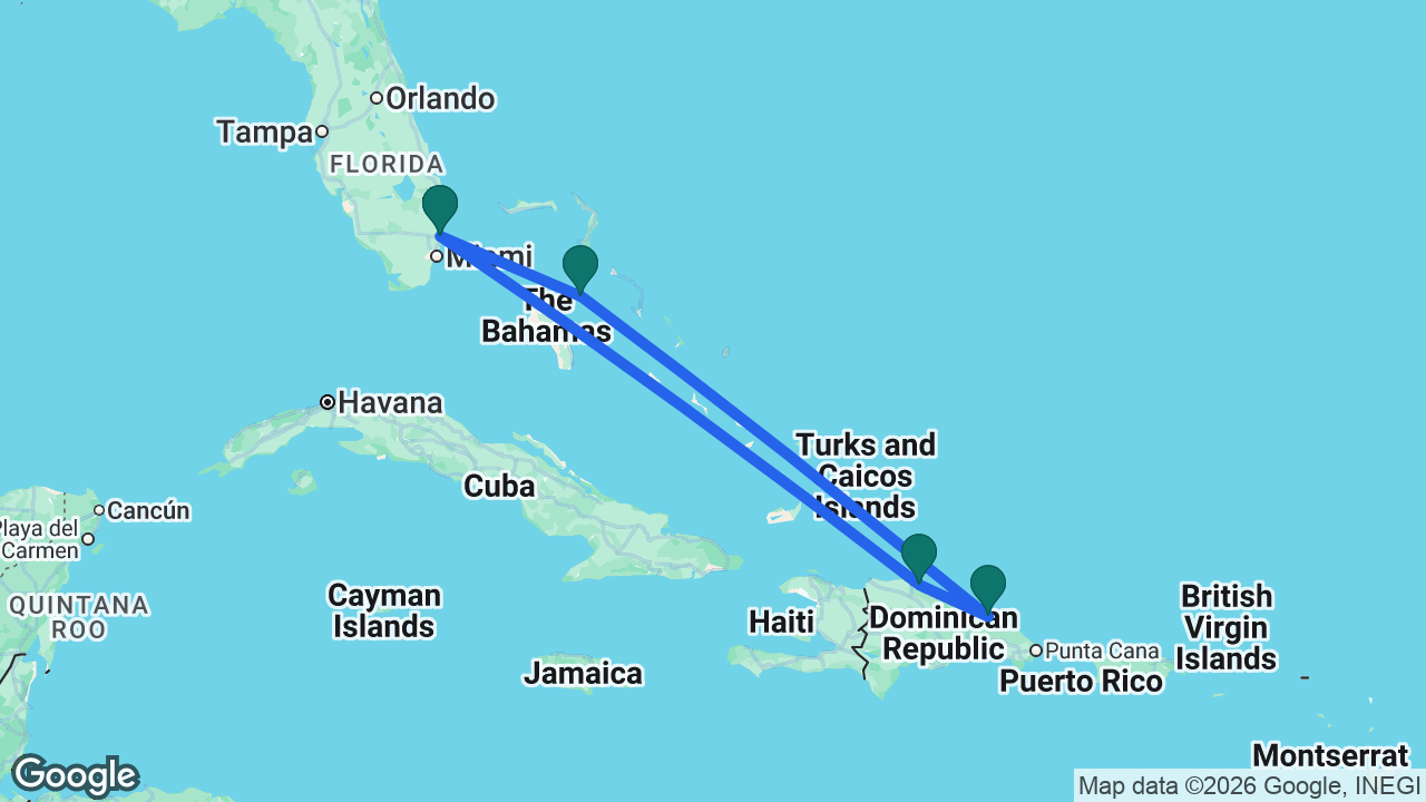 Route map: Fort Lauderdale -> Nassau -> Samaná -> Puerto Plata -> Fort Lauderdale