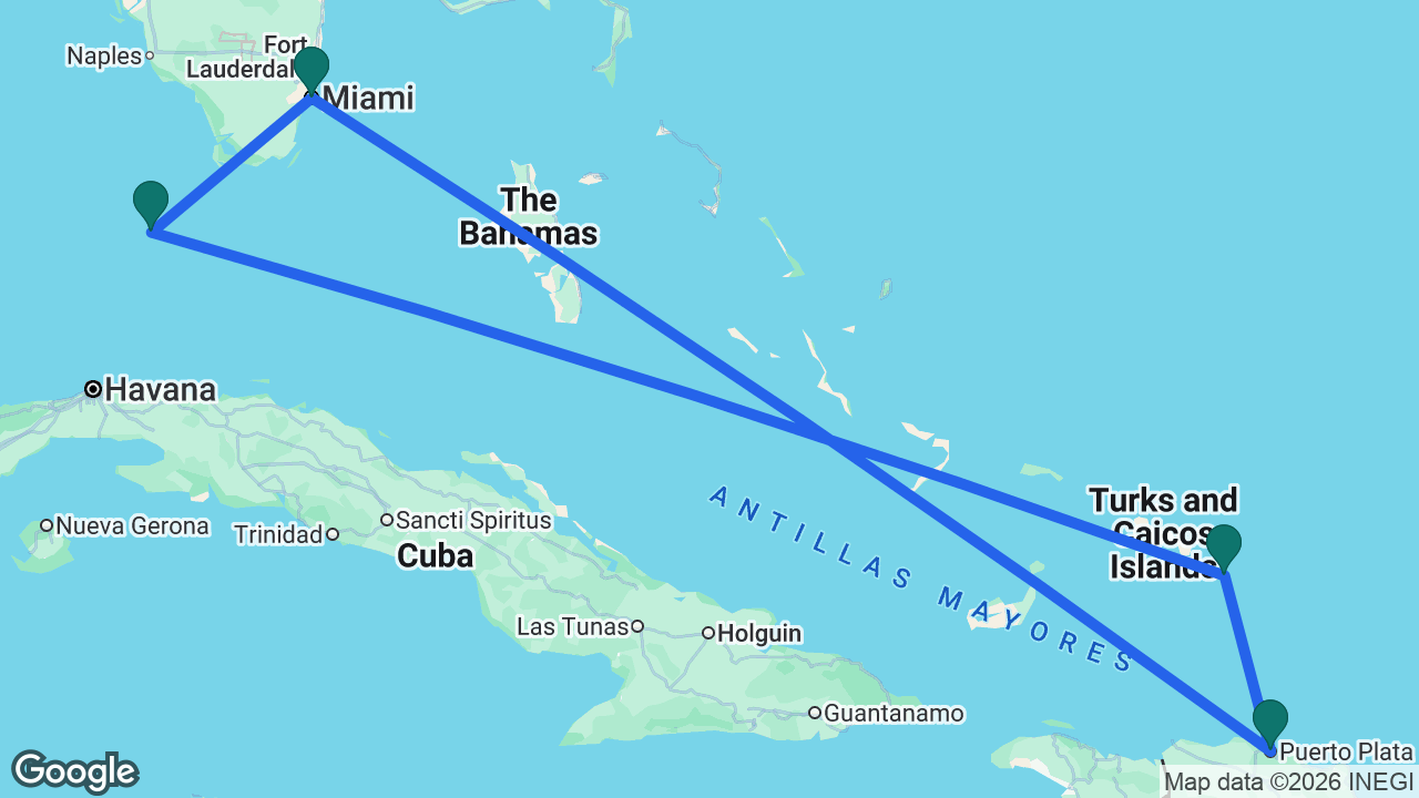 Route map: Miami -> Key West -> Grand Turk -> Puerto Plata -> Miami
