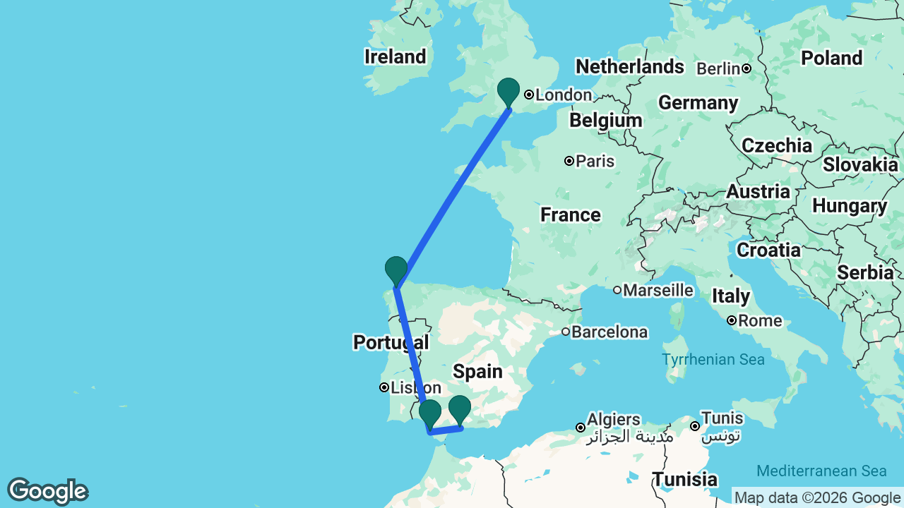 Route map: Southampton -> La Coruña -> Cádiz -> Málaga
