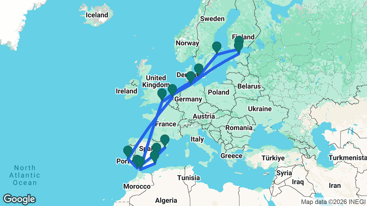Route map: Rotterdam -> Lisbon -> Cádiz -> Barcelona -> Valencia -> Cartagena -> Gibraltar -> Dover -> Kiel -> Tallinn -> Helsinki -> Stockholm -> Copenhagen -> Dover