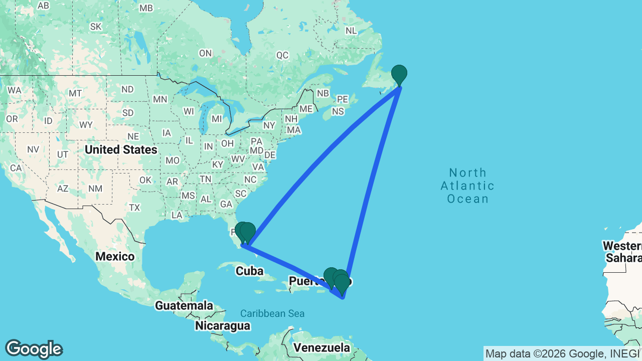Route map: Miami -> St. Maarten -> Tortola -> St. Kitts -> St. John's -> Bimini -> Miami