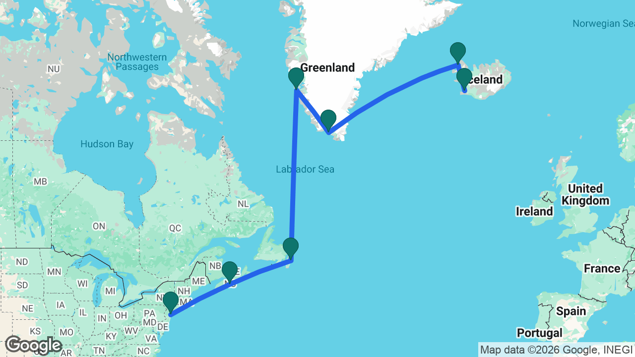 Route map: Reykjavik -> Isafjordur -> Qaqortoq -> Nuuk -> St. John's -> Halifax -> New York