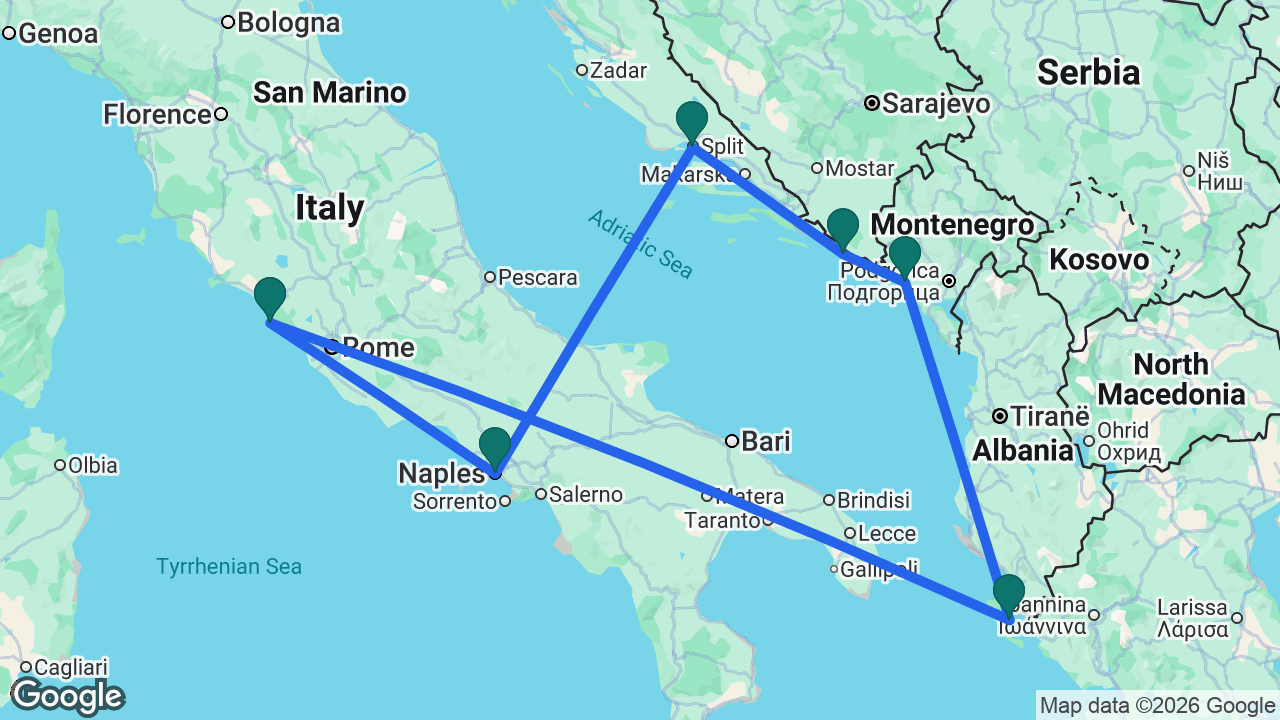 Route map: Rome -> Corfu -> Kotor -> Dubrovnik -> Split -> Naples -> Rome