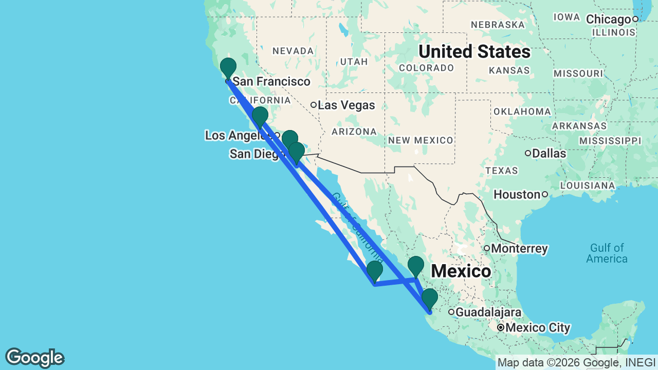 Route map: San Diego -> Ensenada -> San Francisco -> Santa Barbara -> Cabo -> Mazatlán -> Puerto Vallarta -> San Diego