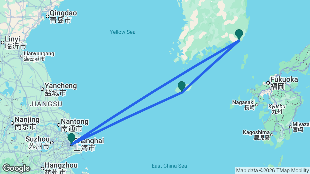 Route map: Shanghai -> Jeju -> Busan -> Shanghai