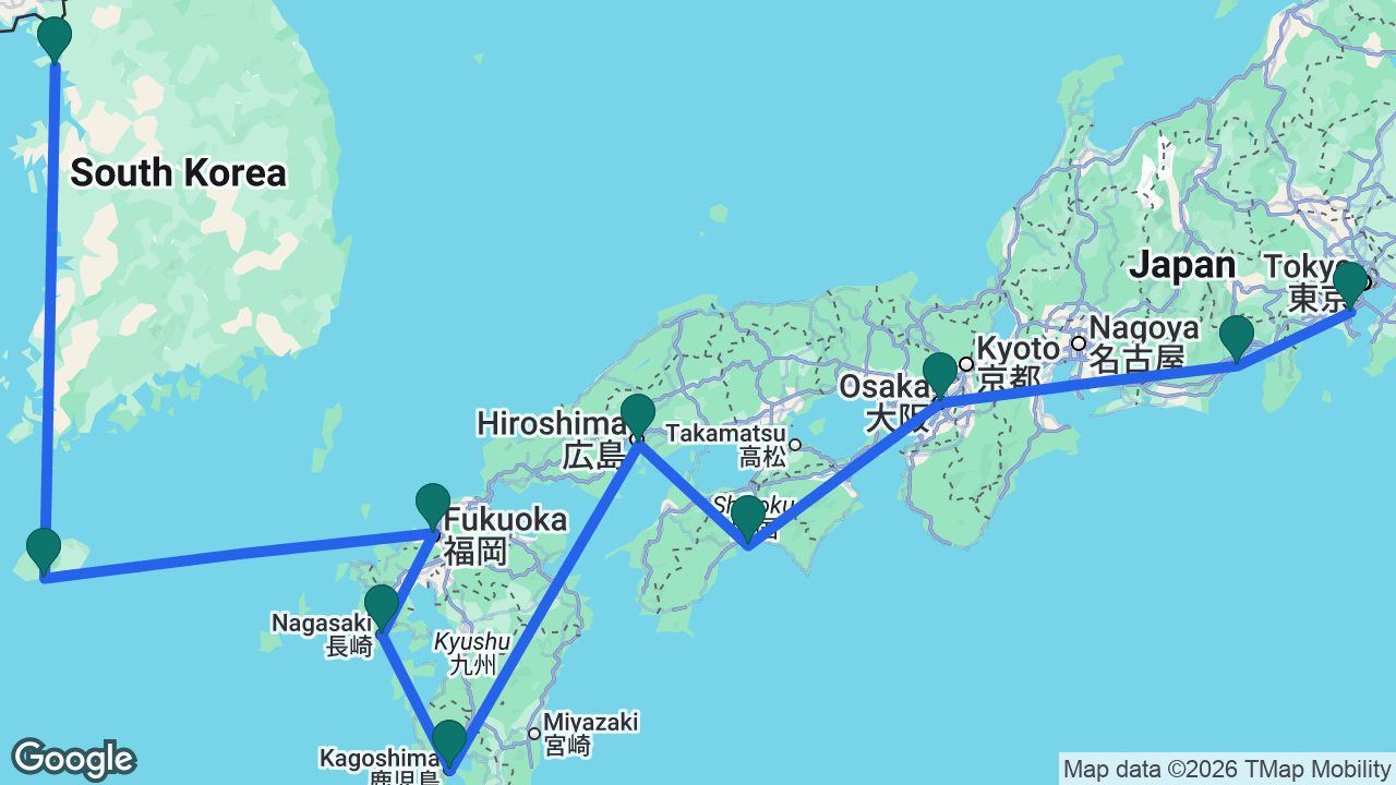 Route map: Seoul -> Jeju -> Fukuoka -> Nagasaki -> Kagoshima -> Hiroshima -> Kochi -> Osaka -> Mount Fuji -> Tokyo