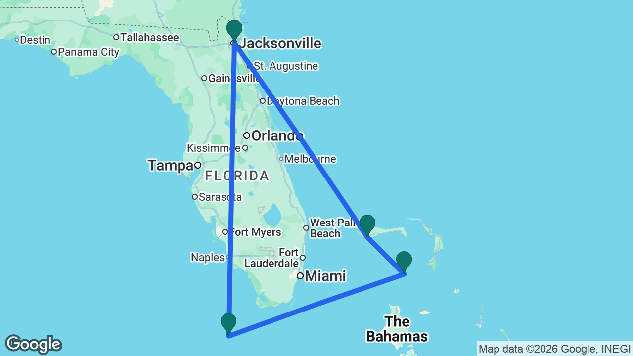 Route map: Jacksonville -> Freeport -> Great Stirrup Cay -> Key West -> Jacksonville
