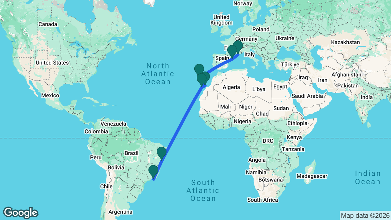 Route map: Marseille -> Barcelona -> Madeira -> Lanzarote -> Gran Canaria -> Salvador -> Rio