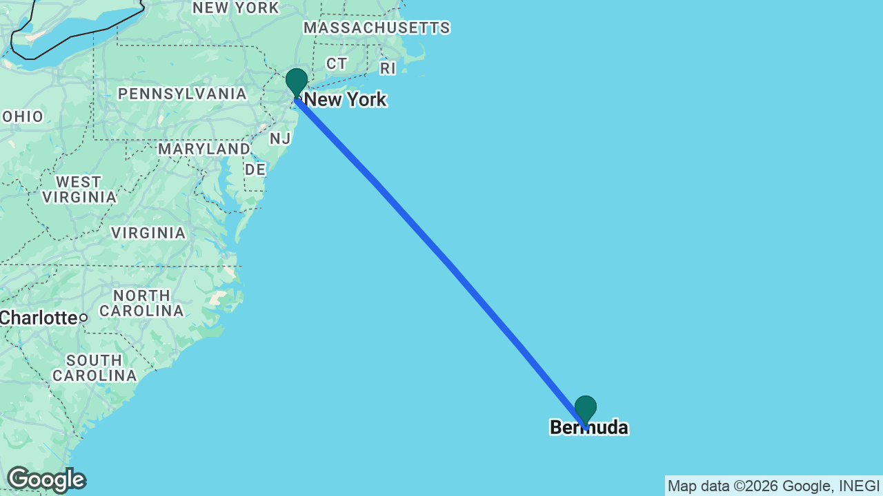 Route map: New York -> Bermuda -> New York
