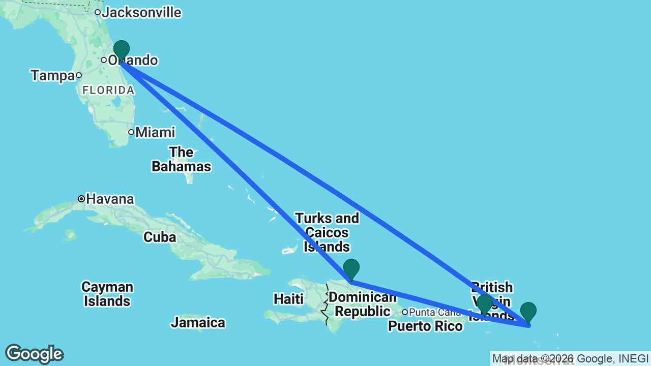 Route map: Port Canaveral -> Puerto Plata -> St. Thomas -> St. Maarten -> Port Canaveral