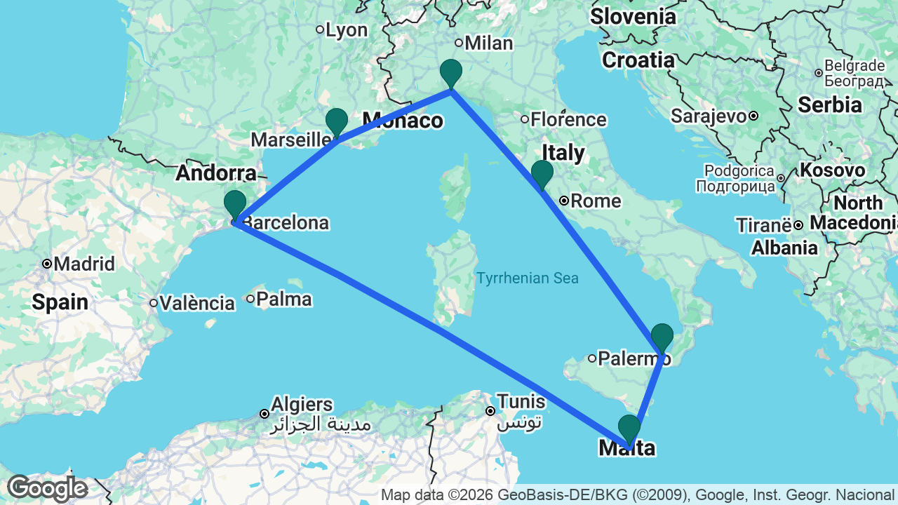 Route map: Rome -> Messina -> Valletta -> Barcelona -> Marseille -> Genoa -> Rome