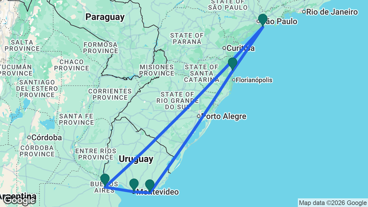 Route map: Santos -> Balneário Camboriú -> Punta del Este -> Montevideo -> Buenos Aires -> Santos