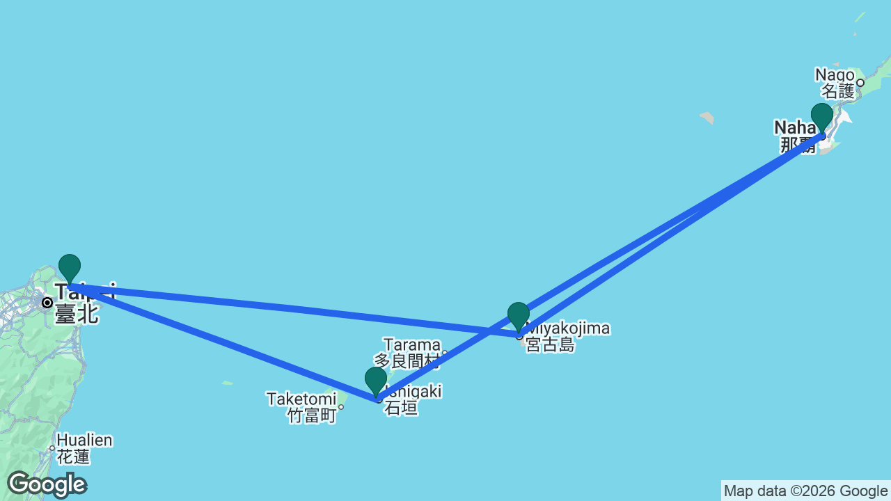 Route map: Naha -> Ishigaki -> Keelung -> Miyakojima -> Naha
