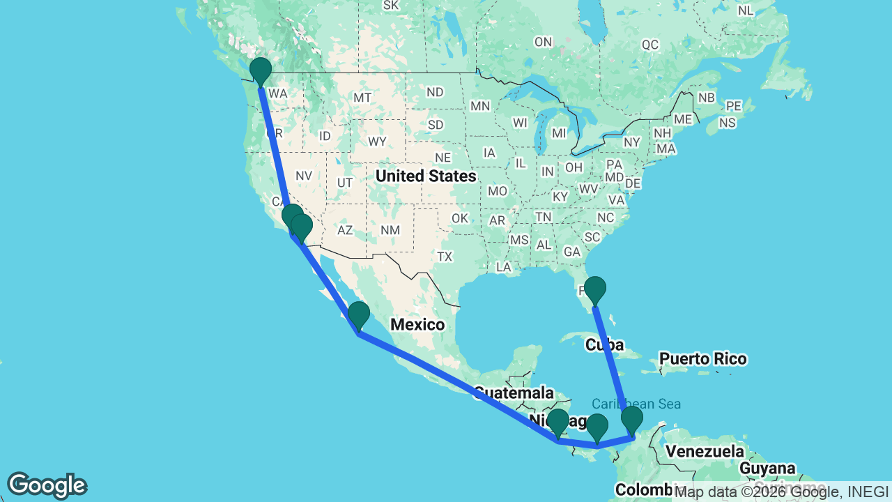 Route map: Seattle -> Los Angeles -> San Diego -> Cabo -> Puntarenas -> Colón -> Cartagena -> Miami