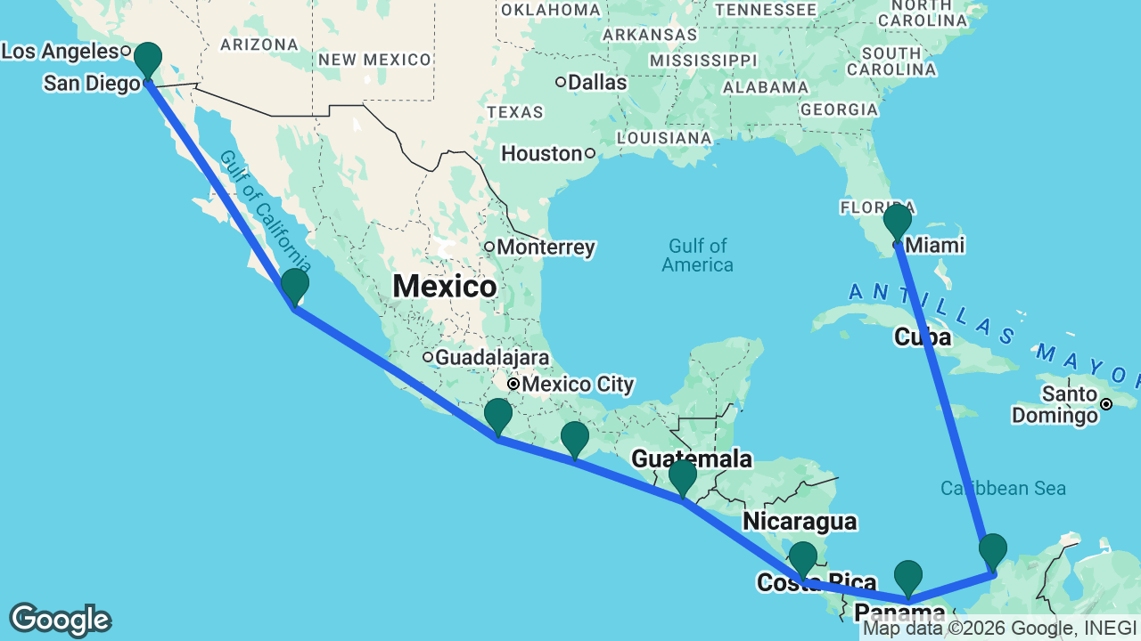 Route map: Miami -> Cartagena -> Panama Canal -> Puntarenas -> Puerto Quetzal -> Huatulco -> Acapulco -> Cabo -> San Diego