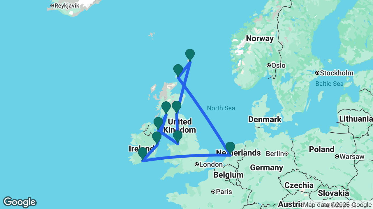 Route map: Amsterdam -> Cobh -> Dún Laoghaire -> Glasgow -> Belfast -> Liverpool -> Edinburgh -> Lerwick -> Kirkwall -> Amsterdam