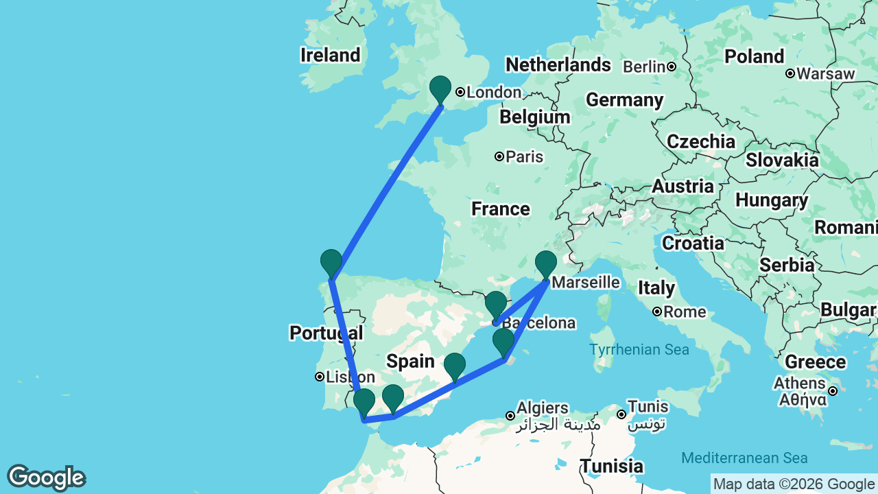 Route map: Southampton -> La Coruña -> Cádiz -> Málaga -> Alicante -> Mallorca -> Marseille -> Barcelona