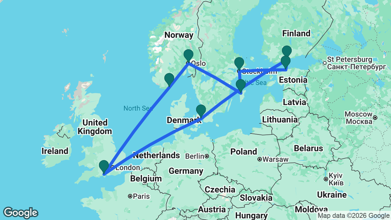 Route map: Southampton -> Copenhagen -> Helsinki -> Tallinn -> Stockholm -> Visby -> Oslo -> Kristiansand -> Southampton
