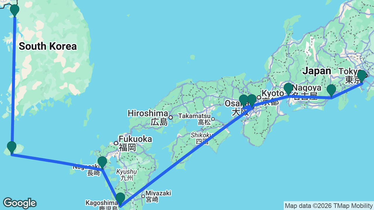Route map: Tokyo -> Mount Fuji -> Nagoya -> Kobe -> Osaka -> Kagoshima -> Nagasaki -> Jeju -> Seoul